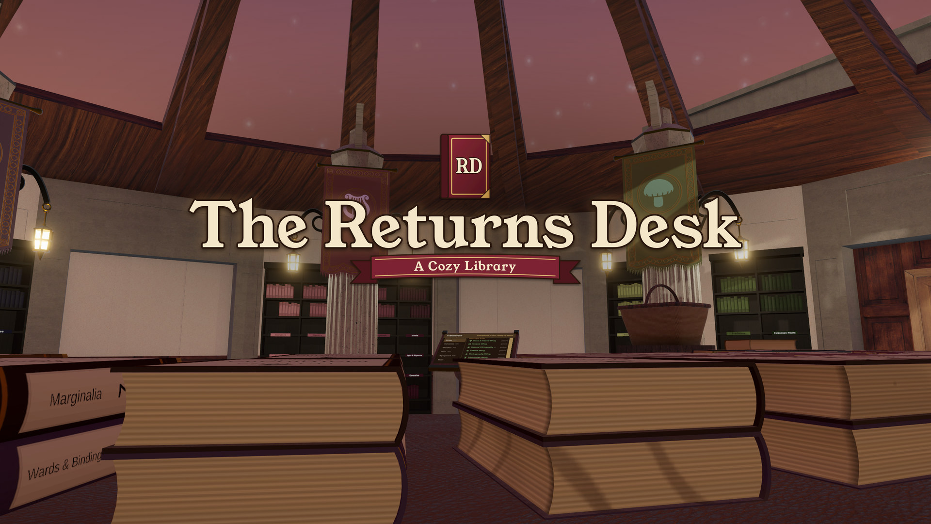 The Returns Desk: A Cozy Library key art. The returns desk's piled books in the rotunda library at evening, with the wing banners and lanterns lit under the glass dome.
